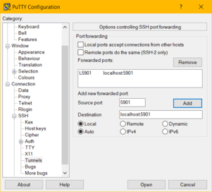 PuTTY Configuration window for 'Options controlling SSH port forwarding'